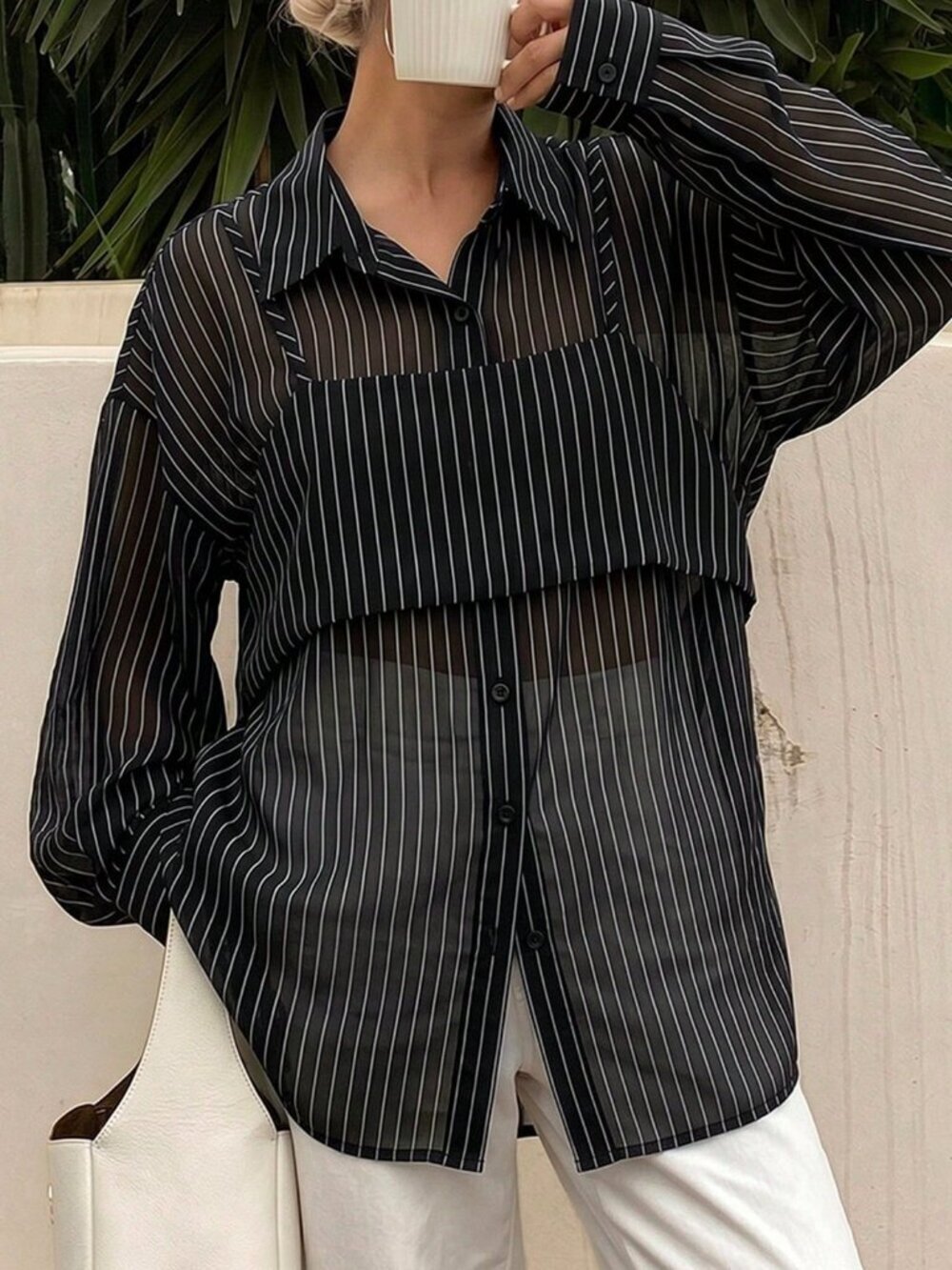Black Casual Women's Striped Loose Shirt